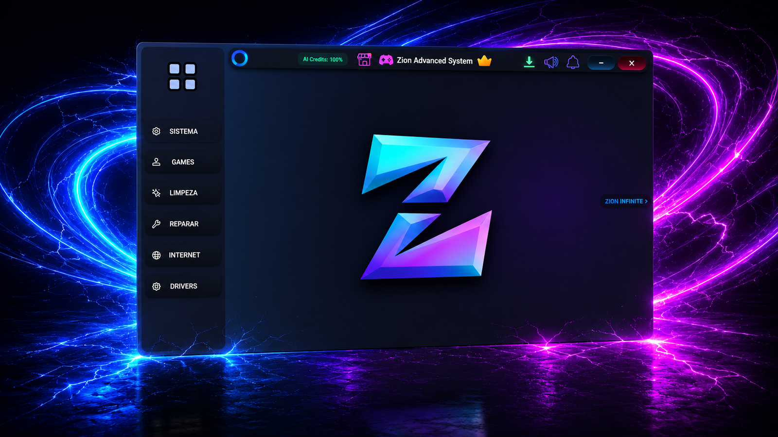 Zion Advanced System - Interface 3D do Software Gamer Meta Fusion
